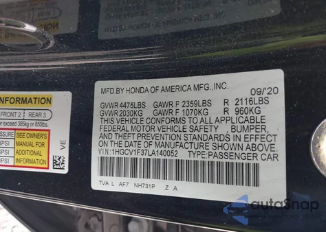 2020 Honda Accord Sport z USA, uszkodzony, nr VIN 1HGCV1F37LA140052